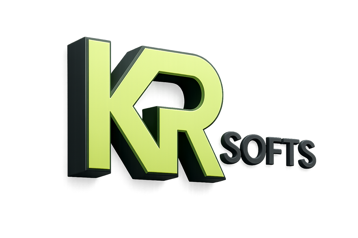 LOGO KR SOFTS EM 3D, KR E NOME SOFTS DO LADO DIREITO
CORE DO SITE #D7FF89 E 2E2A39